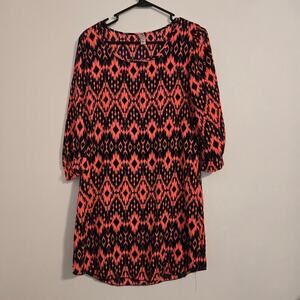 Boho Geometric Print Dress Orange Black Tunic Top Blouse Size M